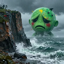 the pain is splattered on the sad monster's green face on a rainy day with stormy waves crashing against a cliff, hints of red and yellow, fantasy, unreal engine