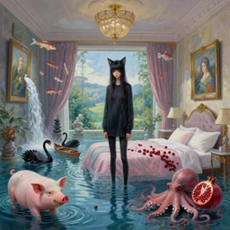 painting of a tall emo catgirl in her flooded bedroom, pigs, pomegranates, octopus, flooded, floating sculptures, luxury apartment interior with view of nature, art on the walls, fish, zen, waterfall, black swans, canoe, berries, surrealist, by magritte and monet