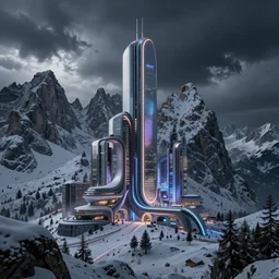 futuristic atmosphere in the snowy craggy mountains dolomites 3 d concept art, neon lights, cinematic lighting, rule of thirds, depth of field, intricate details, building by zaha hadid, stormy weather, emissary space by arthur haas and bruce pennington and john schoenherr, cinematic matte painting, dark moody colors, trending on artstation, featured on behance