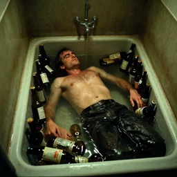 the top shot of the old bathroom where old drunkard ( ( joaquin phoenix ) ) lying among many beer bottles in the water, still shot from the movie of stanley kubrick with cinematography of christopher doyle, dark old room, anamorphic, kodak film, sharp focus, realistic, 8 k