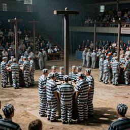 prisoners hooked up to guillotines arranged as a spectator sport event, realistic photography, high detailed