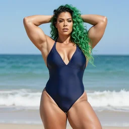 portrait of a posing thick female bodybuilder she - hulk at the beach wearing a swimsuit with her arms behind head, summer, sea, hot day, sunlight, broad robust and strong figure, long curly green hair, well toned muscles, beautiful, highly detailed, sharp focus, donato giancola and thomas kinkade, pinup