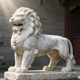 stone sculpture of lion, white stone marbled, sun light, god rays, 4 k, high detail, photo real