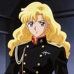 still from the Legend of the Galactic Heroes anime, beautiful male military officer in black uniform with long curly blond hair, 80\'s anime