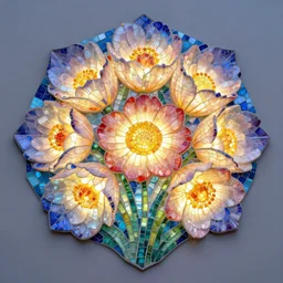 a beautiful amazing art of glowing flowers out of mosaics by tom haugomat, serena malyon, maxim shirkov, alex pogrebniak and robin gundersen, trending on artstation, featured on behance.