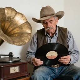 an old cowboy with a moustache sitting boredly by a gramophone, holding a record, aquarel painting, realistic, full body shot, detailed, high quality