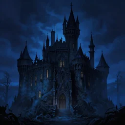 a haunted castle, illustrated by greg rutkowski, cgsociety, artist interpretation, artstation, contemporary art, 4 k, 8 k, artstation digital, artstation horror, trending on behance, lovecraftian art style, dark blue atmosphere, vignette, beautiful lighting, illustrated by h. r. giger and gaston bussiere, trending on artstation, cgsociety contest winner, 4 k, 8 k