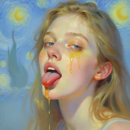 portrait of a beautiful girl, liquid honey dripping over face, licking with tongue, intimate, pastel shades of blue and yellow, beautiful face, rule of thirds, spotlight, expressive, passionate, by greg rutkowski, by jeremy mann, by francoise nielly, by vincent van gogh, digital painting