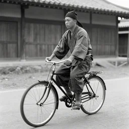 a photograph from 1943 of a samurai riding a bicycle