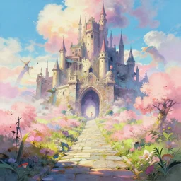 a dreamy otherworldly vray of stone pathway through portal to dystopian post - apocalyptic abandoned castle, studio ghibli, pixar and disney exploded - view drawing, sharp, disney octane render splatter paint vray by shinji kimura and alphonse mucha and alena aenami, maximalist pastel color palette, ( ( bloom ) ), dramatic lighting