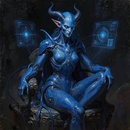 neoclassicist blue demon seated, with singularity neuromancer body to digital interface. highly detailed fantasy science fiction painting. highly detailed fantasy science fiction oil painting by vrubel. dark. high contrast. artstation