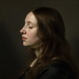 A woman's profile with long hair and closed eyes by Hendrick ter Brugghen. masterpiece!!. hq. ultra detailed. realistic!. moody. cinematic. Color photography. portra 400.