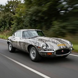award winning photo of an ultra detailed high quality!! jaguar e - type!! car, painted in snakeskin, speeding very fast along an english country road, fast shutter speed, motion blur, tiny gaussian blur, highly detailed, highly intricate, depth of field, trending on top gear, full car body, wide angle lens