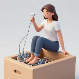 a woman sits on top a box full of electricity, trying to stop it escaping, satire, art, cartoon, new yorker