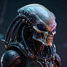 cyberpunk alien portrait, hyper realistic shiny textures 8 k, alien vs predator skull, cyberpunk, elongated head, intricate details, fluorescent glow, science fiction space horror, unreal engine, dark, heavy shading, depth of field