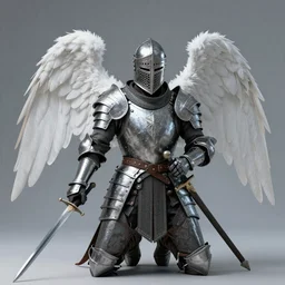 a warrior in beautiful medieval armor with snow - white angel wings on his back, wearing a beautiful medieval helmet, holding an epee, kneeling on one knee, high quality, cyberpunk style