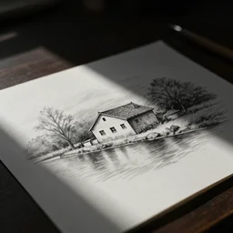 a dark lit photo of apencil sketch of a house on a river, white paper, low depth field