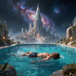 by par olofsson and tristan eaton, visually stunning, cinematic, ultra realistic, hyper realism, 1 2 k, epic, octane render, unreal engine, vfx, maya, the pool of mortal dreams : one of them dreams got loose again, a city at the edges of the cosmos : pure and beautiful existence