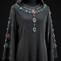 dark chainmail armor cloak dotted with glowing multicoloured gems and iridescent crystals, intricate linework, clear focus, ornate, royal assassin, glimmering magical colors, wlop rutkowski, chebokha, shinkai