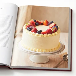 photograph of a fancy cake from cookbook in color