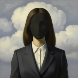 portrait of a faceless shadow - head woman in a suit, clouds in the background, by rene magritte, detailed painting, distance, centered, hd, hq, high resolution, high detail, 4 k, 8 k