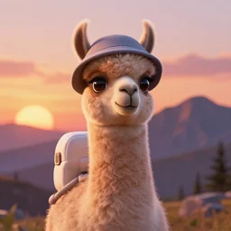 astronaut llama with a cool hat, sunset, mountain, disney pixar, highly detailed, trending in artstation