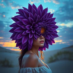 portrait, giant purple dahlia flower head, woman between dunes, surreal photography, sunrise, blue sky, dramatic light, impressionist painting, digital painting, artstation, simon stalenhag