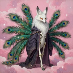 painting of a skeletal kitsune, long white fox ears, mage clothes inspired by a demonic peacock, 9 brilliant peacock tails that shimmer like crow feathers, painted by a master artist, sparkles, pink cloud background, dnd beyond, fae, photo realistic, renaissance