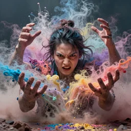 humans , feedback loop , burst of powders ,volumetric lighting, twisting vapour, bellowing dust , emerging hands and beautiful angry so man’s face , full colour , upscale , 4k