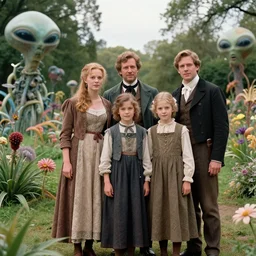 sharp, highly detailed, 43456k film, 163800mm film still from a sci fi blockbuster color movie made in 2019, set in 1860, of a family standing in a park, next to some strange alien plants and flowers, on an alien planet, the family are all wearing 1860s era clothes, good lighting, ultra high definition, ultra enhanced faces, in focus, 35mm macro lens