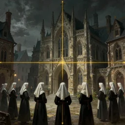 a painting of a cinematic keyframe of a medieval hospice building in a gothic medieval town, with nuns in white veils, by greg rutkowski, rule of thirds, golden ratio, ambient lighting, wlop, artgerm, artstation, highly detailed masterpiece, dark fantasy art, high detail, trending on artstation