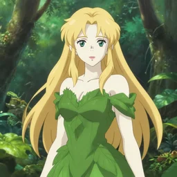 portrait of a beautiful elf queen, leaf dress, jungle setting, finely detailed features, white skin, blonde hair, perfect art, anime illustration, trending on pivix fanbox, art by makoto shinkai, studio ghibli, takashi takeuchi, hajime isayama.