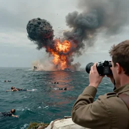 a person takes a photo of an asteroid impact, taken on a ww 1 camera, dead people are floating in the ocean, the sky is filled with smoke.