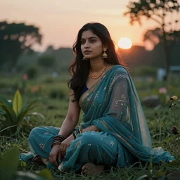 portrait of a lady sitting in the garden, futurstic cyberpunk, sunset, raja ravi verma