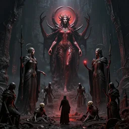 by oka yasutomo and anna dittmann, visually stunning, cinematic, ultra realistic, hyper realism, 1 2 k, epic, octane render, unreal engine, vfx, maya, the dark priestesses created this titan through the spirits of the dead warriors, ultra complex world in a box in the dark, liminal space, devotion to the scarlet woman, so scary and cool