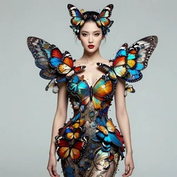half body portrait of 2 0 - year - old woman, in an outfit made of butterflies, photo by greg rutkowski, high fashion, androgyn beauty, intricate detail, elegance, sharp shapes, soft lighting, vibrant colors, masterpiece