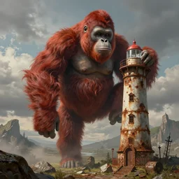 a medieval wasteland, epic atmosphere, giant red orangutan climbing on the top of rusty lighthouse, by greg rutkowski, nature by asher brown durand