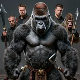 frightening gorillas warrior portrait, weapons in hand, art by artgerm, wlop, loish, ilya kuvshinov, tony sandoval. 8 k realistic, hyperdetailed, beautiful lighting, symmetrical face