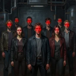 a group of people with red lights instead of faces, in a dark room, an ultrafine detailed painting by victor mosquera, les automatistes, reimagined by industrial light and magic, redshift