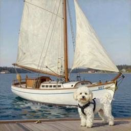 A beautiful 40 feet Swedish sailboat from the 1950s in The Swedish archipelago. Pocky, a cute, curly, small white dog, wearing a life west is guarding on deck, natural sunlight, renaissance oil painting on canvas.