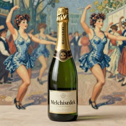 vintage, melchizedek champagne bottle. cancan girl dancing, french, realistic, cheerful, 1 9 0 2, art by degas