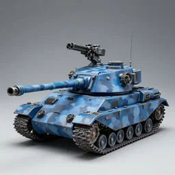 a futuristic battletank with blue camouflage paint, long main gun, heavy machinegun on top, science fiction, coherent, studio lighting, zoomed out product photography, simon stalenhag, detailed painted games workshop miniature