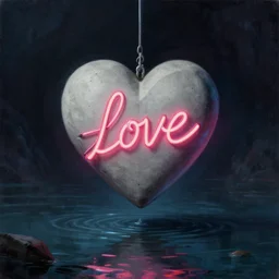 A concrete heart marked with neon love is suspended over stilled waters in an abysmal dark void, realistic, artstation, moody. trending on Pixiv. trending on ArtStation. A vibrant digital oil painting. A highly detailed fantasy character illustration by Wayne Reynolds and Charles Monet and Gustave Dore and Carl Critchlow and Bram Sels
