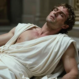 1 9 6 0 s movie still close - up of caligula in a white toga bleeding to death on marble stairs, cinestill 8 0 0 t 3 5 mm, high quality, heavy grain, high detail, dramatic light, anamorphic