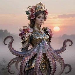 hyperdetailed portrait of beautiful queen's flower armored girl octopus in the mist. by greg rutkowski, highly detailed portrait, digital painting, artstation, concept art, smooth, sharp foccus ilustration, artstation hq. intricate, elegant. art by wlop and artgerm and greg rutkowski and alphonse mucha, masterpiece. medium shot. sunset dramatic.