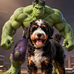 young bernedoodle with white spot on head as marvel hulk comic book cover