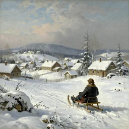 A beautiful oil painting of a winter landscape village and sled in the 18th century by Francois Boucher, detailed, beautiful deep colors, trending on artstation
