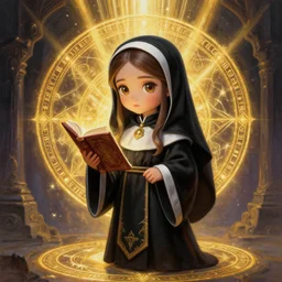 a portrait of girl priestess in black robes, magic book, magic circle, gold magic, god rays, portal background, fantasy, dungeons and dragons, an ultrafine detailed painting, chibi, detailed painting, boris valejo. octopath traveler decal!!!