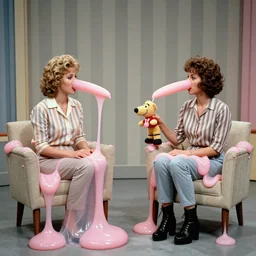 1982 two women on tv talk show wearing an inflatable  long prosthetic snout nose made of gooey pink slime, soft color wearing stripes sitting on chairs covered in soft fabrit, pink slime everywhere, grey striped walls, studio lighting 1982 color film archival footage holding a hand puppet, 16mm John Waters Russ Meyer Almodovar Doris Wishman