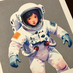 ( ( strong dither ) ), editorial illustration portrait of a young astronaut girl, colorful modern, charlie davis, fine texture, dynamic composition, detailed, matte print, dynamic perspective, muted color, lomography, ( ( risograph ) ), muted colors